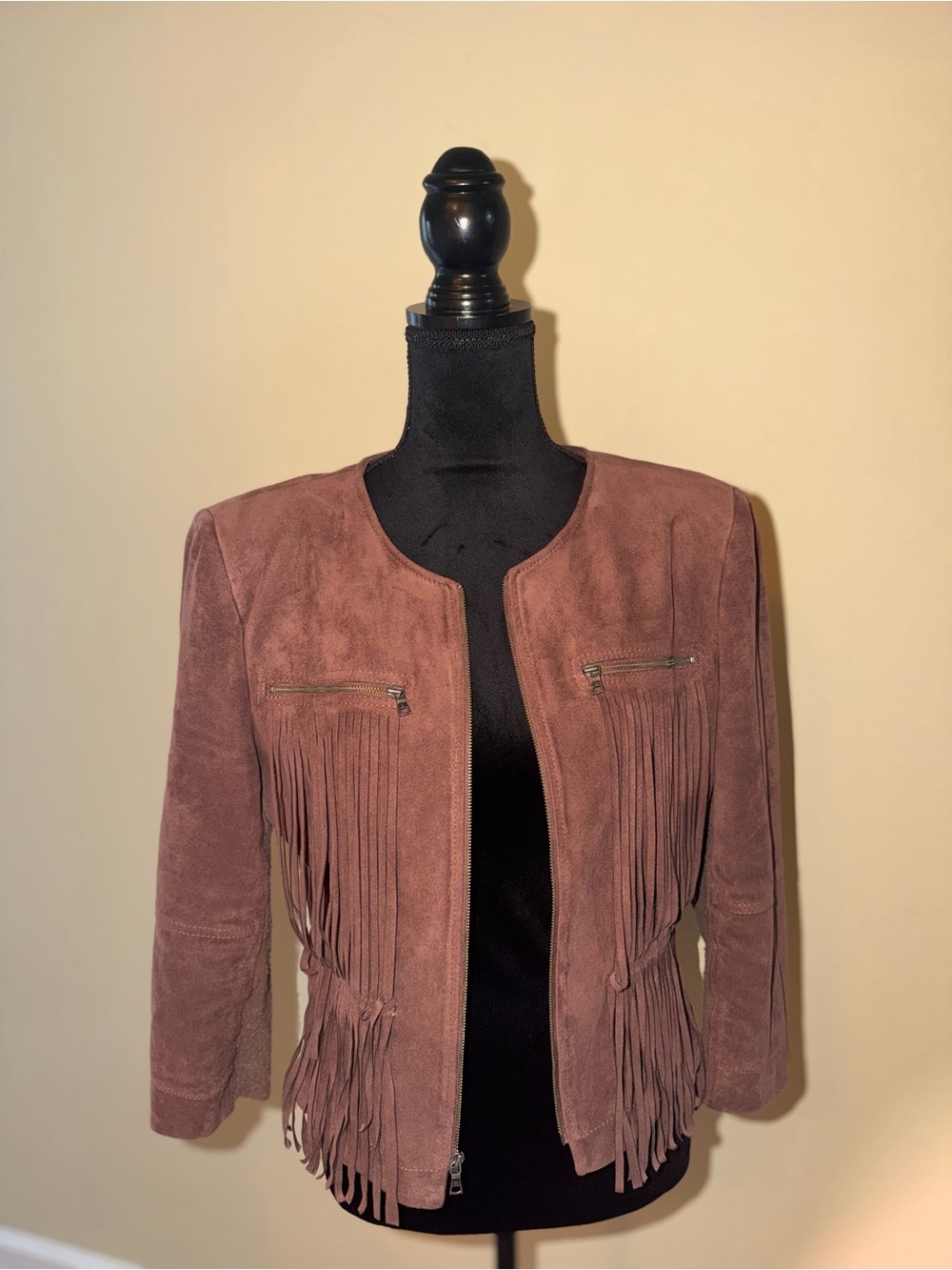 BCBGMaxAzria Dusty Taupe Suede Fringe Bomber Jacket